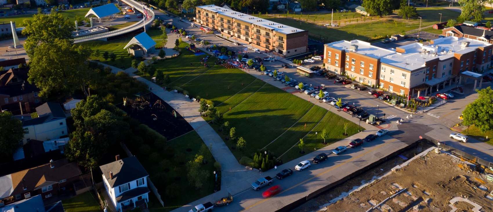 Aerial view of a downtown Jeffersonville park and the neighborhood around it